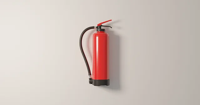 Ein roter Feuerlöscher mit schwarzem Schlauch ist an einer hellgrauen Wand montiert.