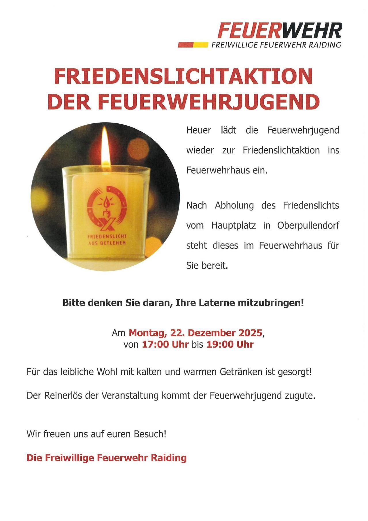 Ein Plakat für die Friedenslichtaktion der Feuerwehrjugend. Die Zeremonie findet am 22. Dezember 2025 von 17:00 Uhr bis 19:00 Uhr im Feuerwehrhaus statt. Erfrischungen werden angeboten.