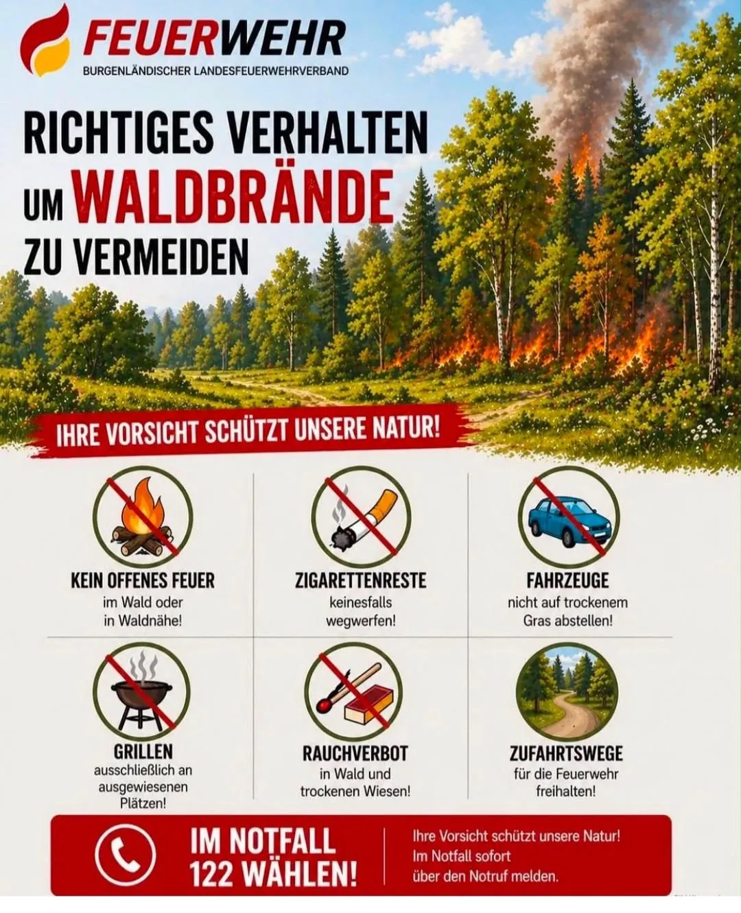 Ein illustriertes Poster mit Waldhintergrund und einem brennenden Wald in der Ferne. Es listet Sicherheitstipps zur Verhinderung von Waldbränden auf, einschließlich kein offenes Feuer, kein Rauchen, keine Fahrzeuge auf trockenem Gras, kein Grillen und keine Lagerfeuer im Wald. Es betont die Bedeutung von Vorsicht zum Schutz der Natur.