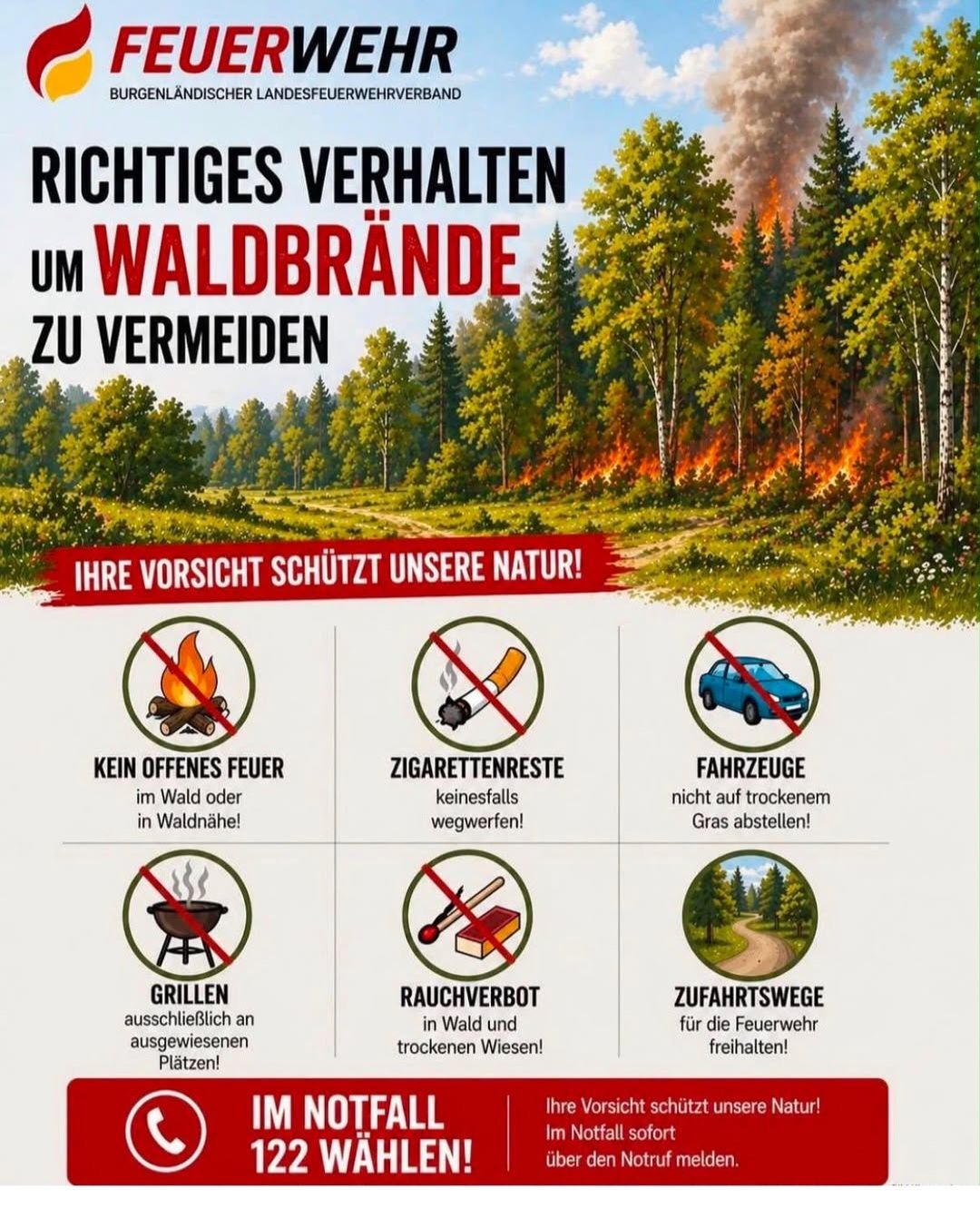 Ein illustriertes Poster mit Waldhintergrund und einem brennenden Wald in der Ferne. Es listet Sicherheitstipps zur Verhinderung von Waldbränden auf, einschließlich kein offenes Feuer, kein Rauchen, keine Fahrzeuge auf trockenem Gras, kein Grillen und keine Lagerfeuer im Wald. Es betont die Bedeutung von Vorsicht zum Schutz der Natur.