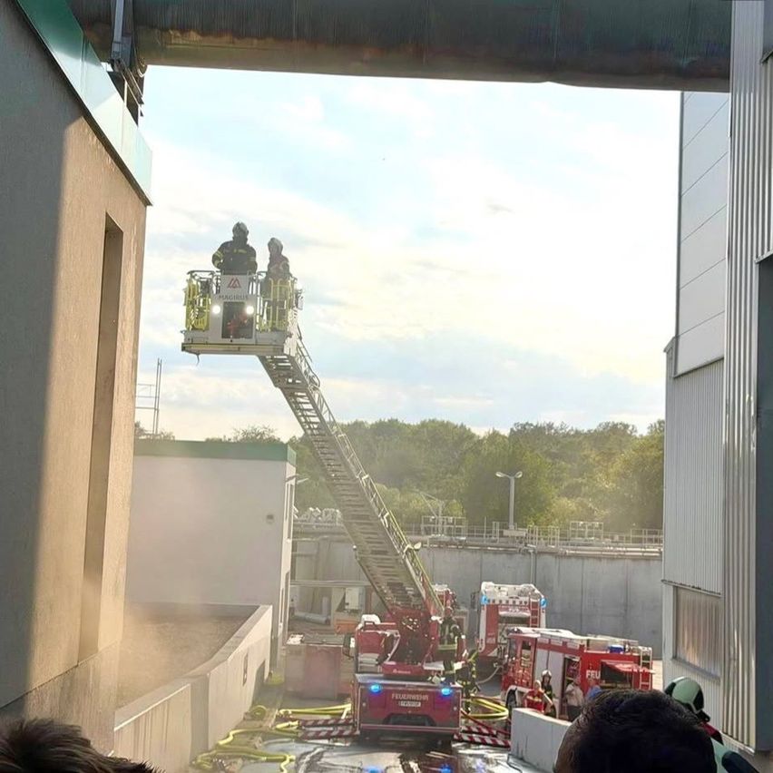 Zwei Feuerwehrleute stehen auf einem Leiterwagen, einer klettert auf die Leiter und der andere steht auf der Leiter. Feuerwehrwagen sind auf der Straße geparkt, und eine Person steht vor einem Gebäude.