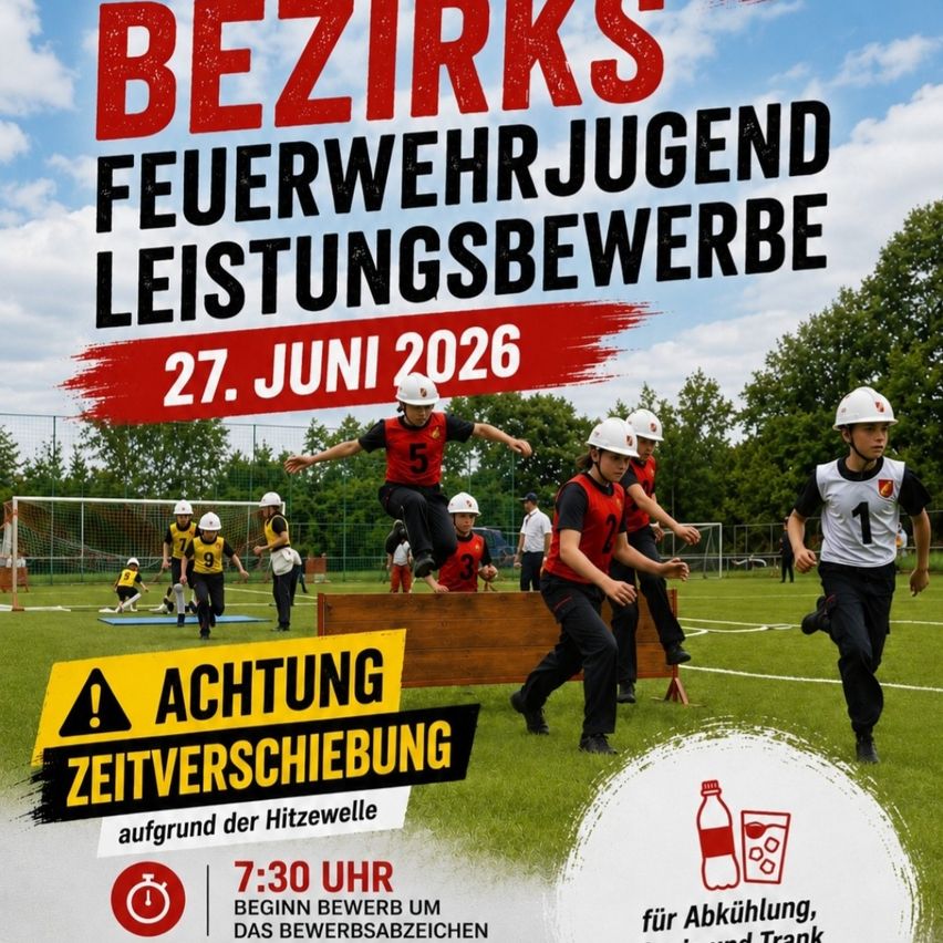 Plakat für eine Jugendleistungsschau der Feuerwehr am 27. Juni 2026. Es zeigt eine Gruppe junger Feuerwehrleute in Uniform, die über ein Feld mit verschiedenen Hindernissen laufen.