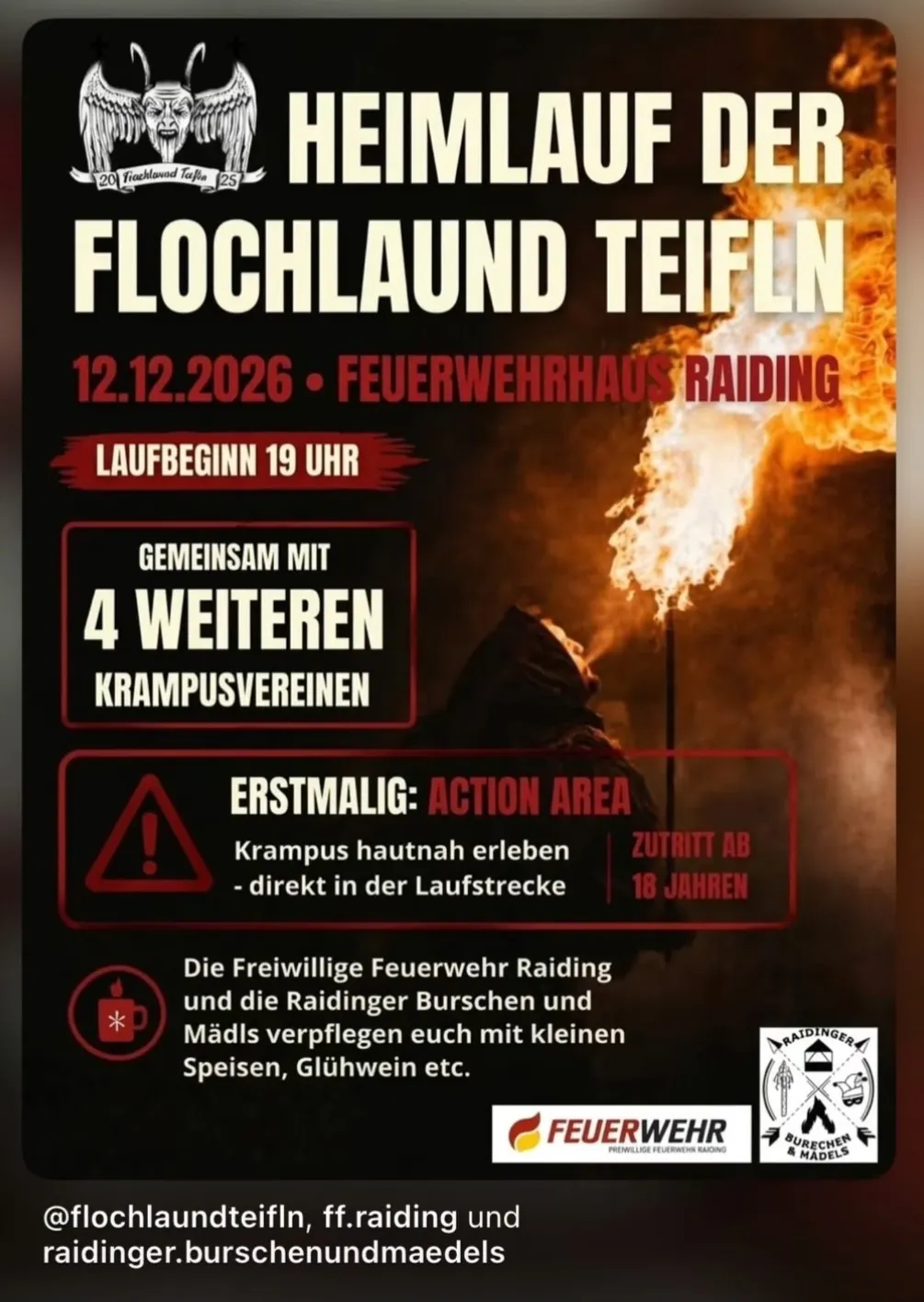 Plakat für die Veranstaltung Flohland Teufeln am 12.12.2026 mit einem Feuer und einer Silhouette einer Person. Die Veranstaltung beginnt um 19:00 Uhr und wird in Zusammenarbeit mit vier weiteren Krampusvereinen durchgeführt. Der Aktionsbereich befindet sich direkt in der Laufstrecke.
