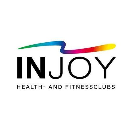 Das Logo für INJoy Health and Fitness Clubs zeigt einen stilisierten Buchstaben I mit einer bunten Welle darüber. Darunter steht der Text INJoy, gefolgt von der Unterzeile Health and Fitness Clubs.