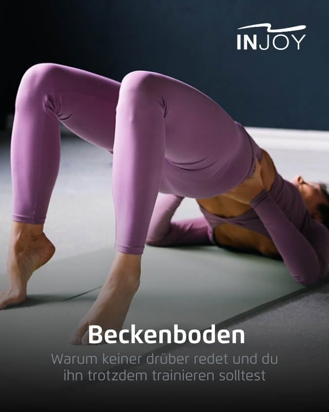 A woman in purple yoga wear is performing a back stretch on a yoga mat. The INJoy logo is in the top right corner. The text reads 'Beckenboden' with a subtitle underneath.