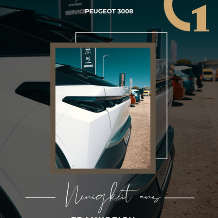 Das Bild zeigt einen Peugeot 3008 SUV auf einem Parkplatz neben anderen Autos. Der Fokus liegt auf dem vorderen Stoßfänger und den Aufklebern des Fahrzeugs.