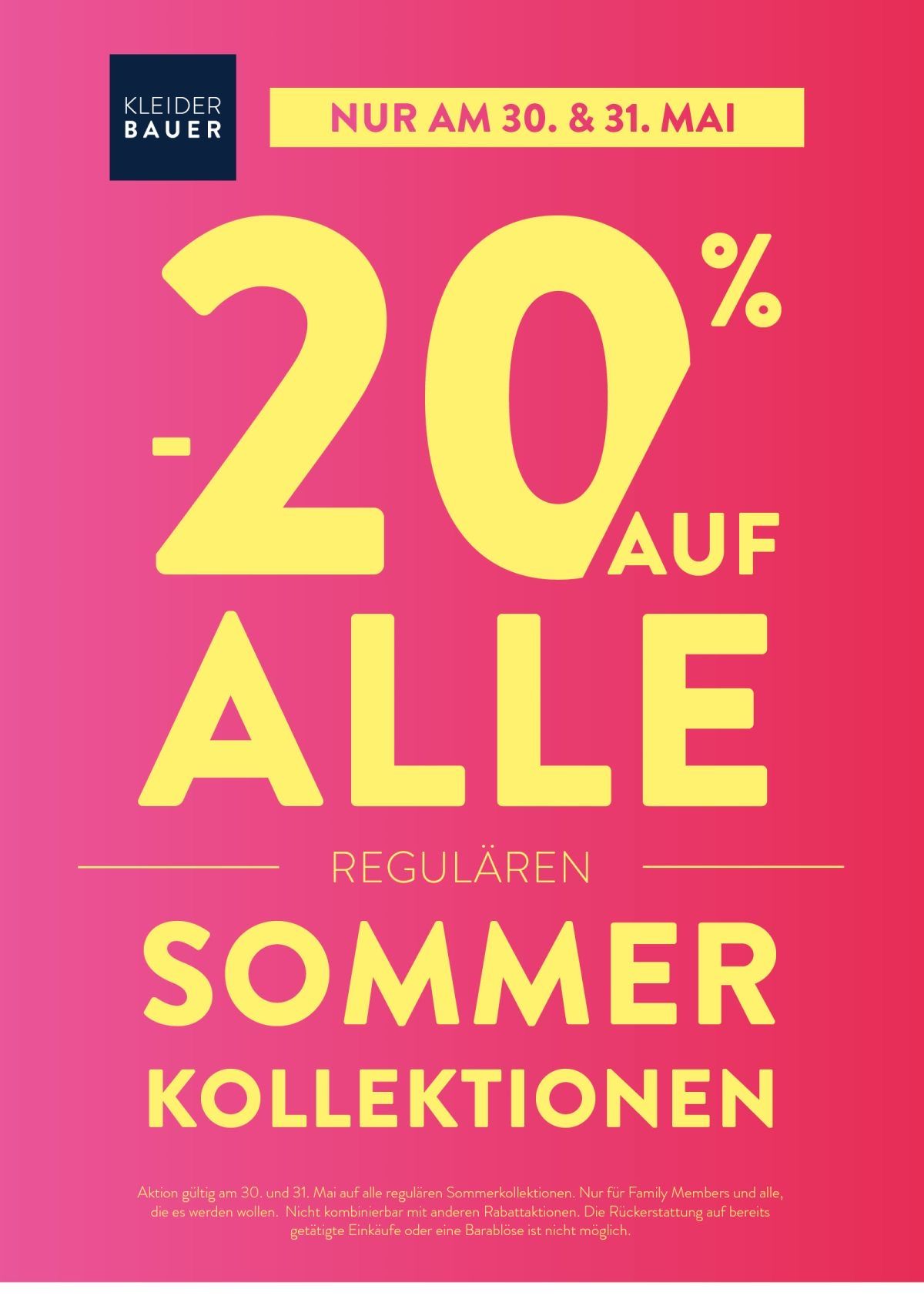 Ein Werbeplakat bewirbt einen 20% Rabatt auf alle regulären Sommerkollektionen. Der Text ist fett und gelb auf rotem Hintergrund.