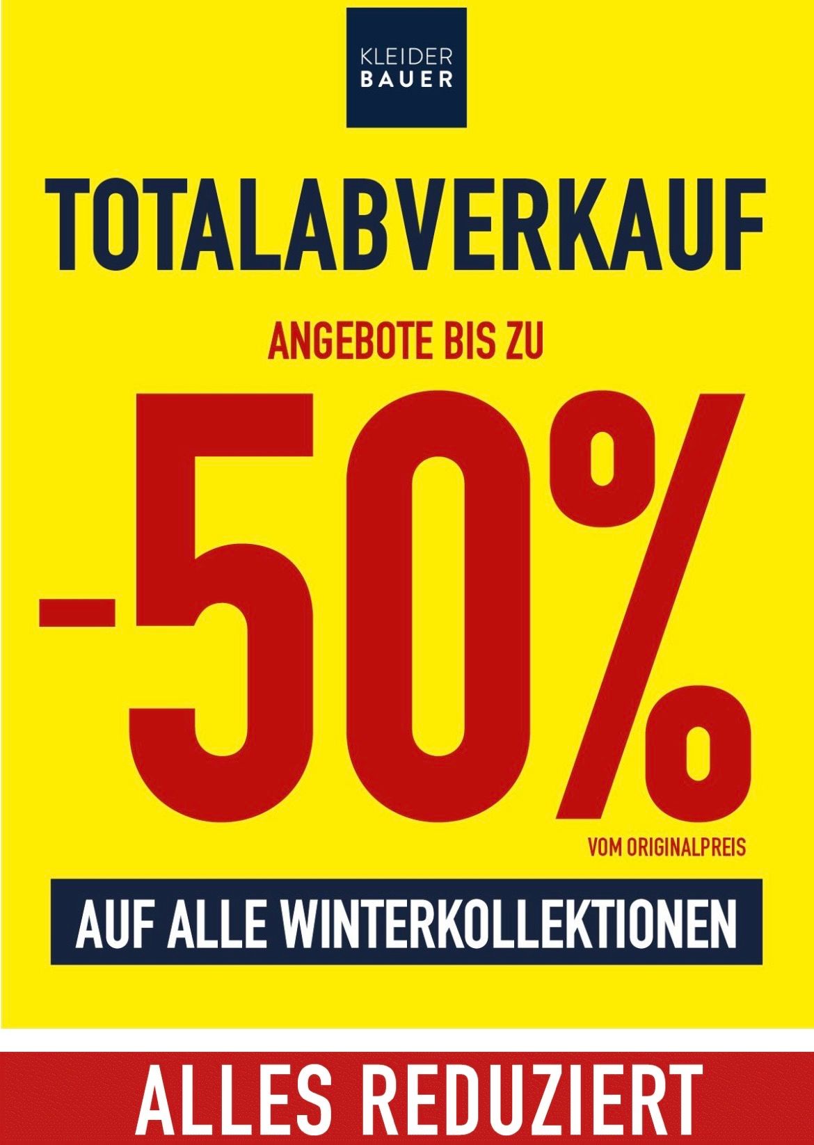 Gelber Plakat mit fetter roter Schrift, die '-50%' anzeigt. Es ist eine Verkaufsanzeige für alle Winterkollektionen bis zu einem bestimmten Datum.
