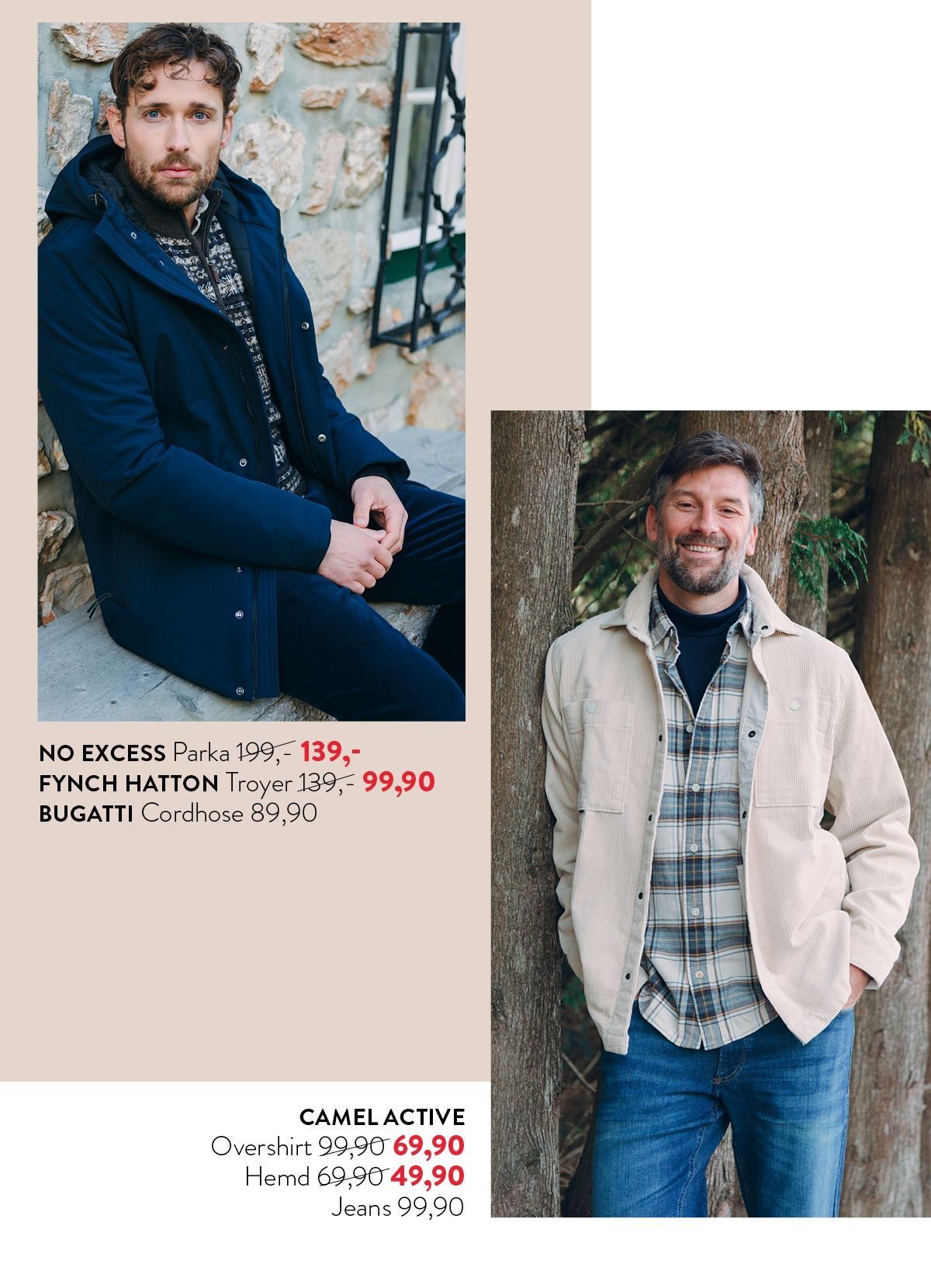 Zwei Männer stehen, jeder trägt eine andere Jacke. Einer trägt eine marineblaue Jacke, der andere eine beige Jacke mit einem karierten Hemd. Sie lächeln beide. Hinter ihnen sind verschwommene Bäume.