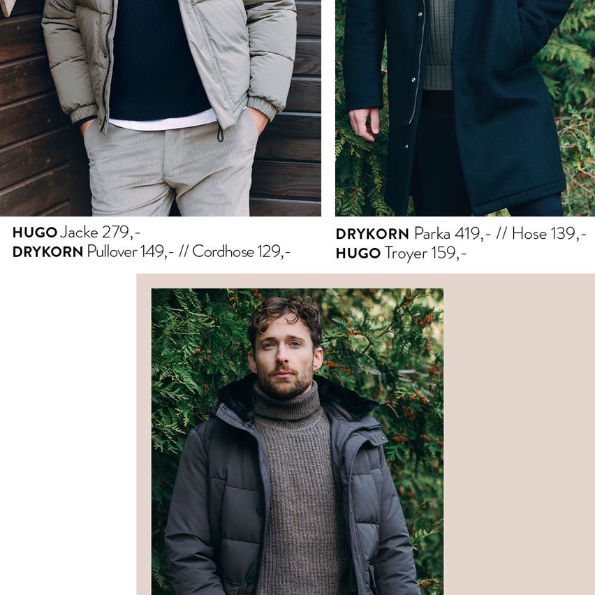 Drei Männer tragen Jacken und Pullover von HUGO und DRYKORN. Der erste Mann trägt eine khakifarbene Jacke. Der zweite Mann trägt einen marineblauen Mantel. Der dritte Mann trägt einen grauen Rollkragenpullover und eine schwarze Jacke.