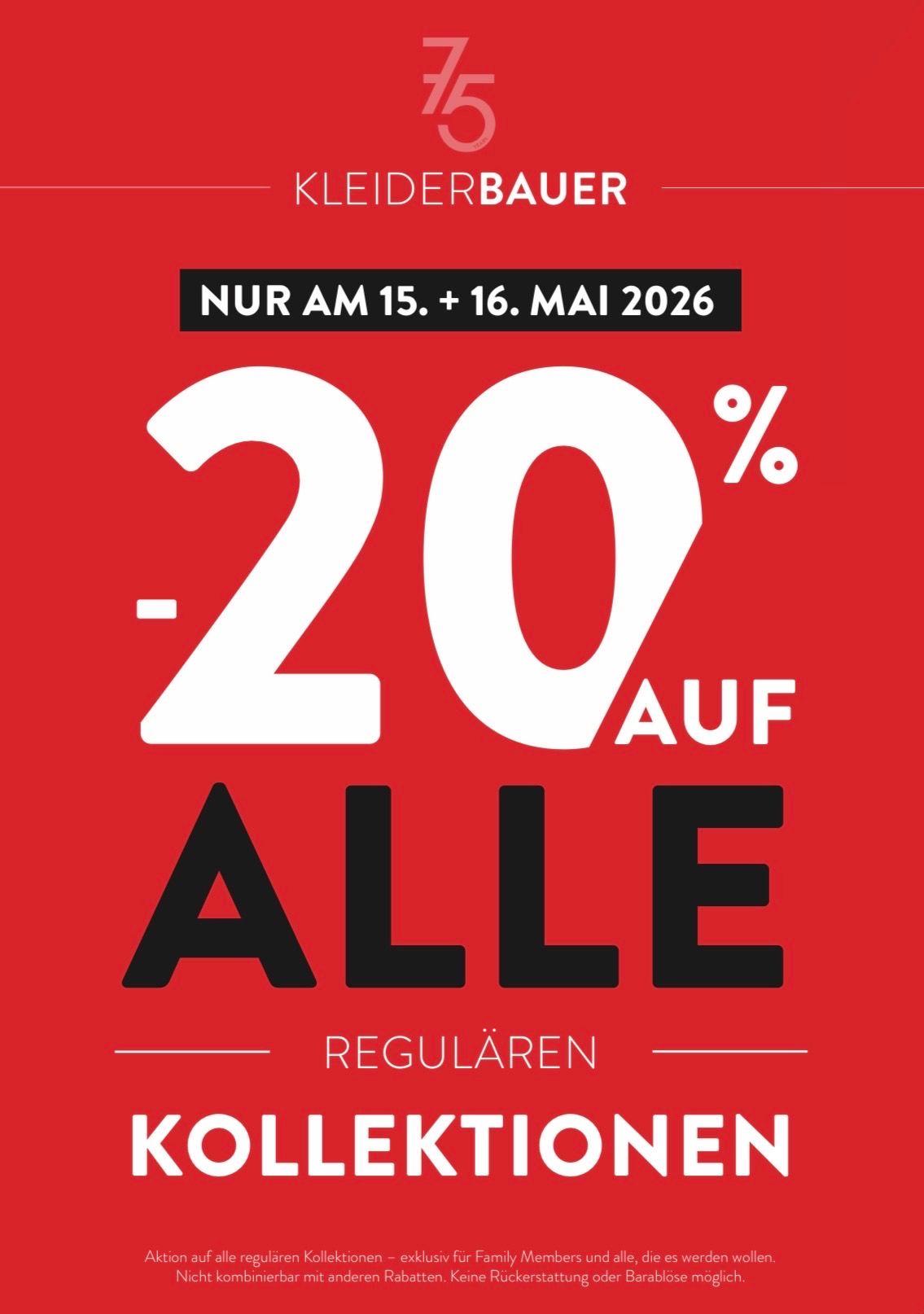 Rotes Banner mit weißen Text und Zahlen. Es sagt 20% Rabatt auf alle regulären Artikel. Nur am 15. und 16. Mai 2026.