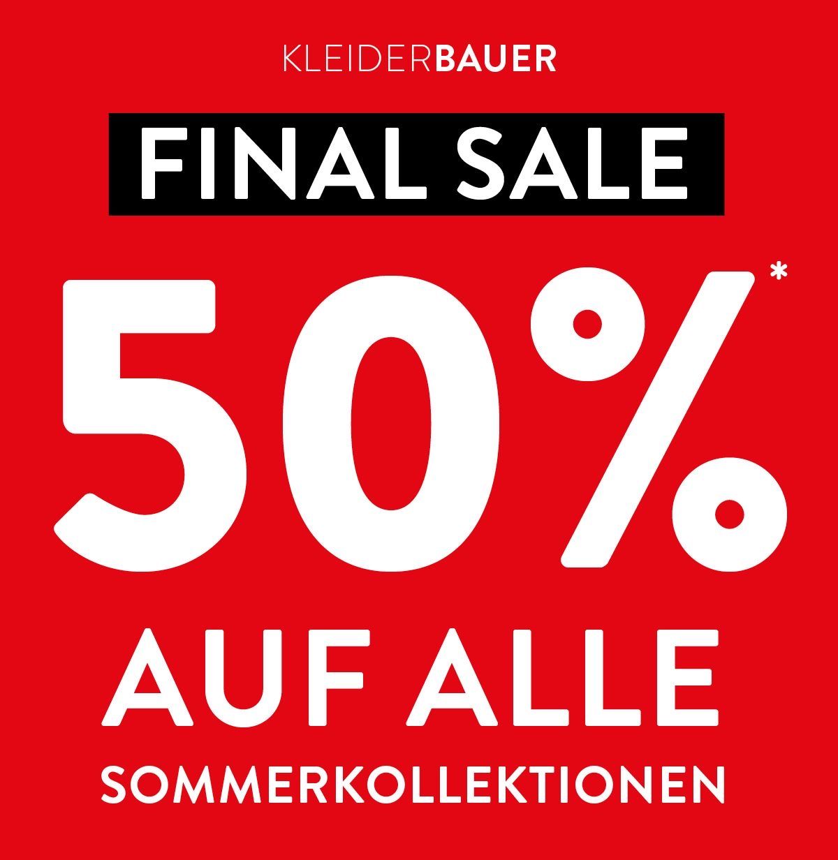Roter Banner mit weißem Text 'FINAL SALE 50% AUF ALLE SOMMERKOLLEKTIONEN' auf rotem Hintergrund.