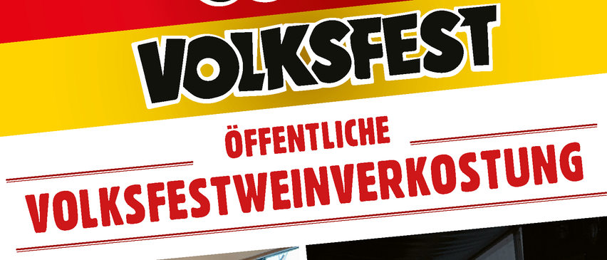 Plakat für das Volksfest Weinworkshop. Zwei Bilder zeigen Menschen, die Wein probieren. Die Veranstaltung findet am 19. Juli 2025 von 15 bis 18 Uhr statt.
