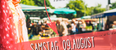 Werbeplakat für das 43. jährliche Goller Volksfest mit einem Freiluftmarkt, Ständen und Menschen, geplant für Samstag, 9. August, an der Brunnengasse/Wassergasse.