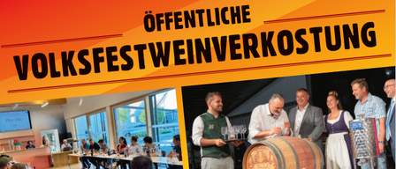 Werbeposter für das Goiserer Volksfest Weinverkostung. Zeigt ein Bild von Menschen, die um einen Tisch sitzen und andere, die um ein Fass stehen. Datum und Uhrzeit sind 10. Juli, 15:00-18:00 Uhr.