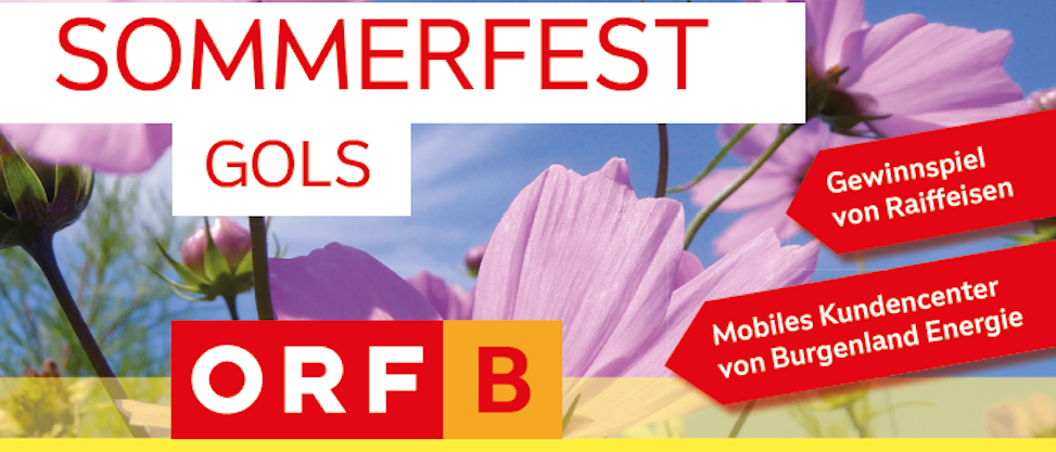 Plakat für das Gols Summerfest am 31. Juli 2026. Es zeigt eine Hauptbühne bei MV Bauernkapelle Gols ab 18:30 Uhr. Es beinhaltet ORF Burgenland Fotobox, Kinderprogramm und Volkstanzgruppe Gols.