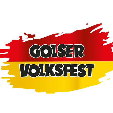 Das Golser Volksfest Logo zeigt einen roten und gelben Hintergrund mit schwarzem Umriss. 'GOLSER' steht in fetten weißen Buchstaben oben, und 'VOLKSFEST' in fetten schwarzen Buchstaben unten.