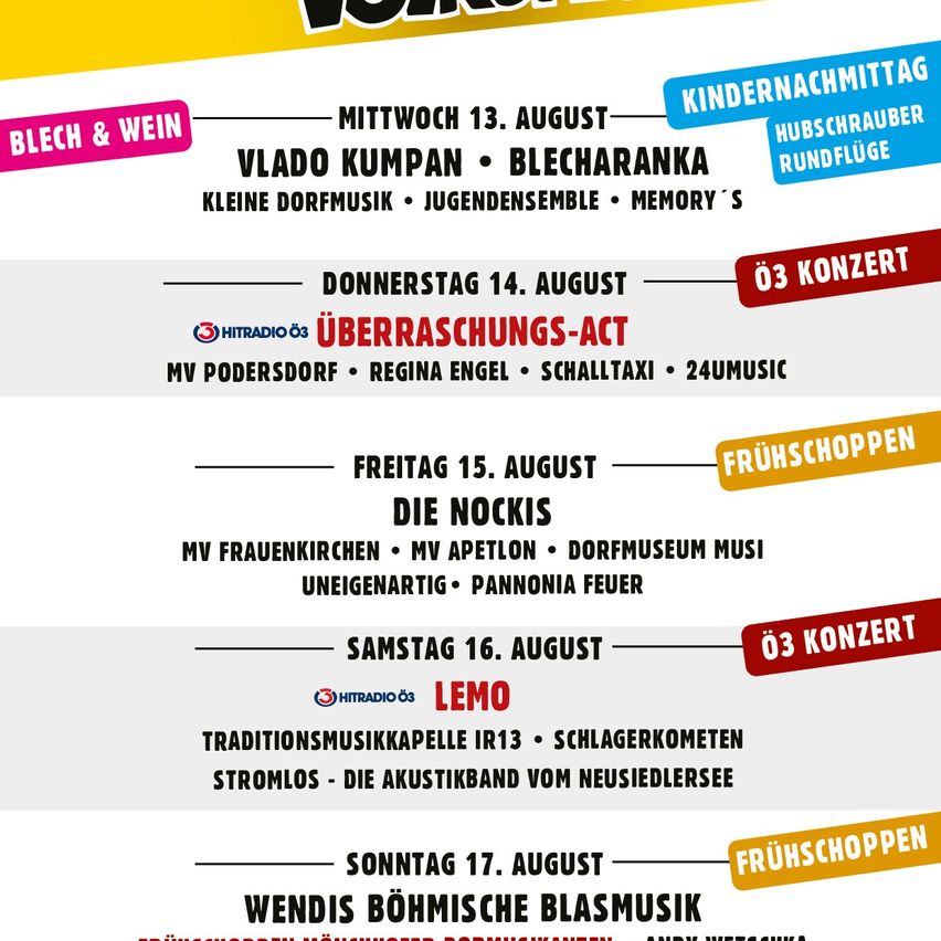 Ein Veranstaltungsposter für Blech & Wein mit Konzerten und Aktivitäten vom 13. bis 17. August. Es beinhaltet Kindernachmittag, kleine Dorfmusik, Jugendensemble und mehr. Daten und Orte sind aufgelistet mit spezifischen Acts und Aufführungen.