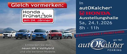 Eine Anzeige für Honda-Autos zeigt mehrere Fahrzeuge auf einer Straße. Die Veranstaltung findet am 24. Januar 2020 von 8 bis 11 Uhr statt. Es lädt ein, den neuen HR-V-Hybrid und andere Modelle zu entdecken.