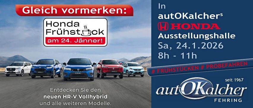 Eine Anzeige für Honda-Autos zeigt mehrere Fahrzeuge auf einer Straße. Die Veranstaltung findet am 24. Januar 2020 von 8 bis 11 Uhr statt. Es lädt ein, den neuen HR-V-Hybrid und andere Modelle zu entdecken.
