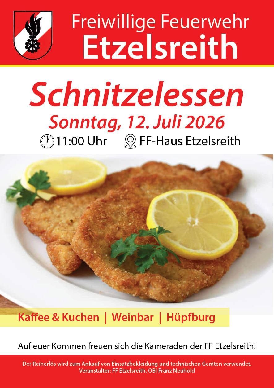A plate of fried chicken with crispy breading, garnished with lemon slices and parsley, set against a white background. The image also includes text in German advertising a Sunday event on July 12, 2026, at FF-Haus Etzelsreith.