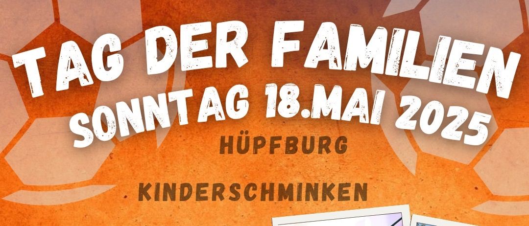 Plakat für Familienfußball-Event am 18. Mai 2025 in Hüpfburg. Beinhaltet soccer-thematische Aktivitäten, Gesichtsbemalung und Spiele für Kinder. Enthält zwei Fußballspiele mit Spielzeiten.
