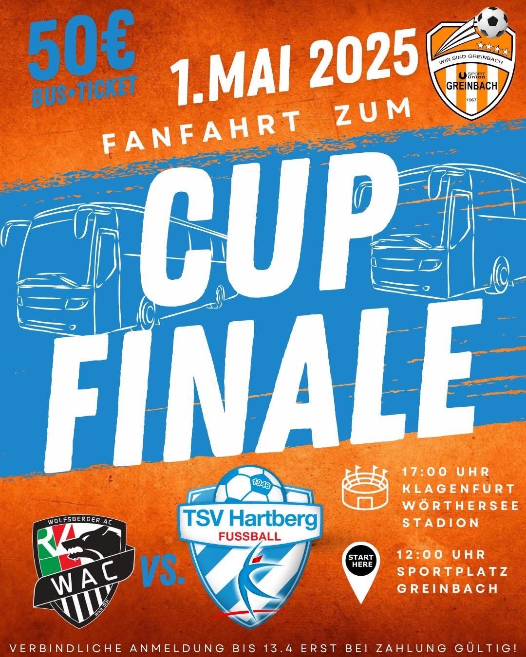 Plakat für eine Fanbusfahrt am 1. Mai 2020 mit den Teams Union Greinbach und Wolfsberger AC, inklusive Busillustration und Kartenstift.