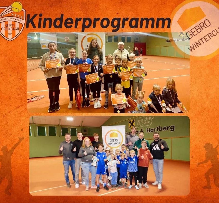 Zwei Bilder von Kindern und Erwachsenen in einer Sporthalle. Ein Bild zeigt Kinder mit Urkunden und das andere zeigt Erwachsene und Kinder bei einem Fotoshooting.