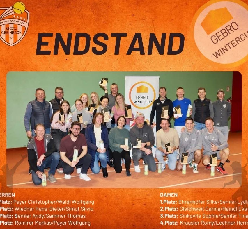 Poster zeigt eine Gruppe von Menschen in einer sportlichen Umgebung, die Pokale halten, mit dem Titel 'ENDSTAND' in großen Buchstaben. Namen und Platzierungen der Gewinner sind unter dem Bild aufgeführt.