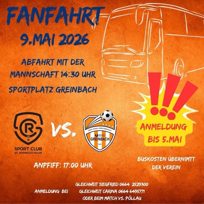 Fanfahrt zum Fußballspiel am 9. Mai 2026, Abfahrt um 14:30 Uhr. Anmeldung bis 5. Mai. Anpfiff um 17:00 Uhr. Anmeldung bei Carina oder Gleichweit.