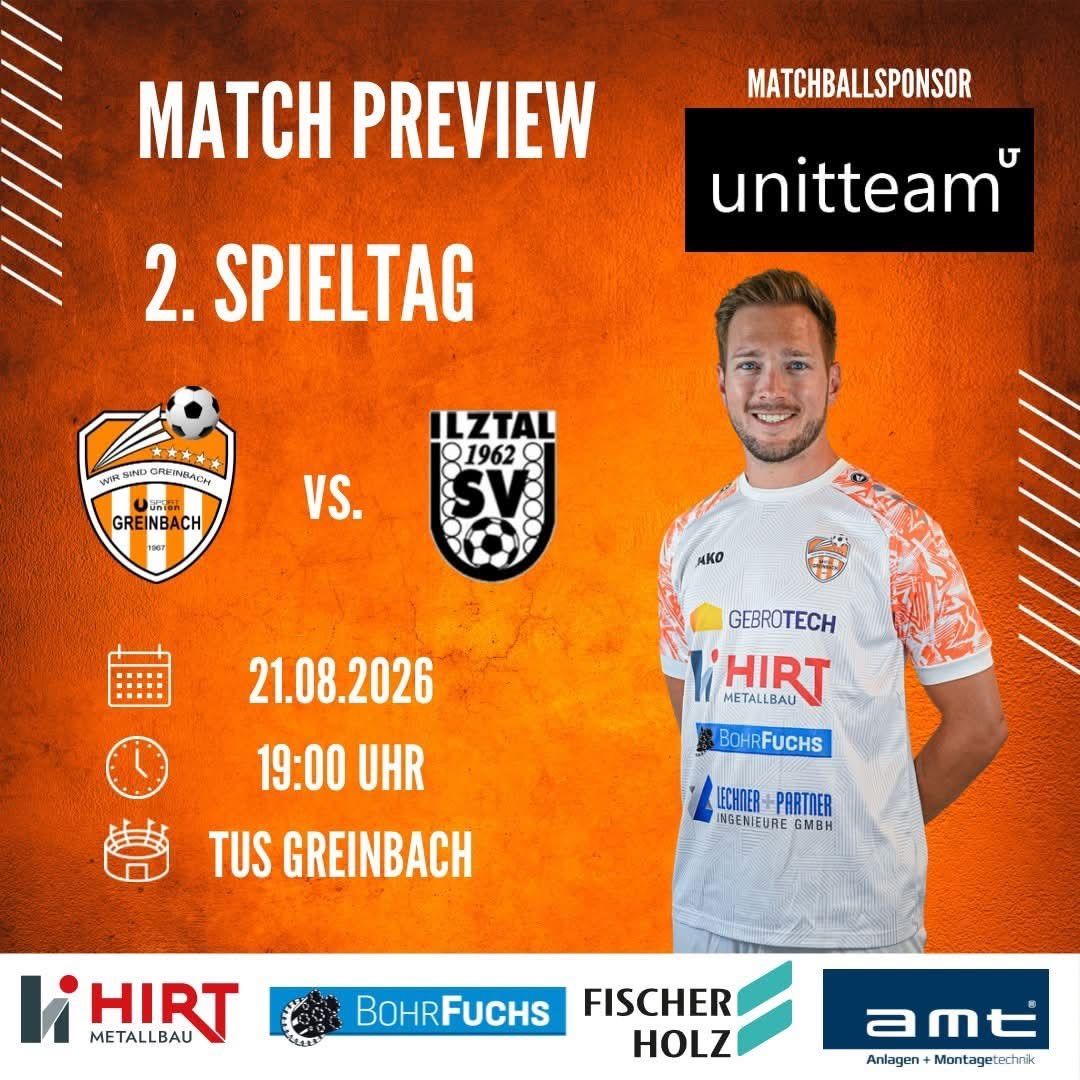 Ein Plakat zur Vorschau eines Fußballspiels zeigt einen Spieler in einem weißen Trikot mit verschiedenen Sponsorenlogos auf orangem Hintergrund mit Spieldetails.