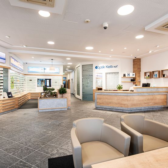 Innenraum eines Optikers mit modernen Möbeln, Holztheke und dekorativen Pflanzen. Die Decke hat runde Lichter, und Regale zeigen verschiedene Gegenstände.