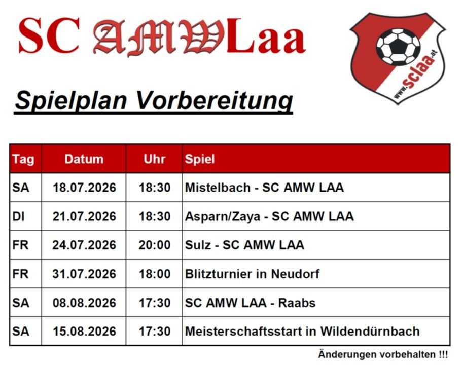 Spielplan eines Fußballteams für Juli und August 2026 mit verschiedenen Spielen gegen verschiedene Teams. Die Spiele sind mit Datum, Uhrzeit und Orten aufgelistet.