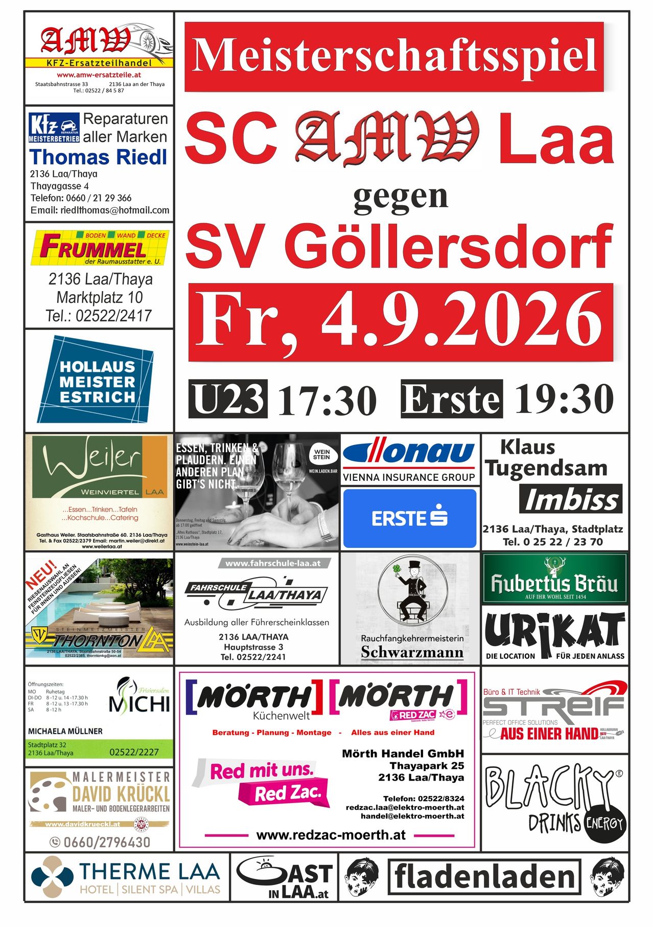 Eine Anzeige für eine Veranstaltung am Freitag, 4. September 2026, mit mehreren Sponsoren und deren Logos. Die Veranstaltung ist ein Spiel zwischen SC Laa und SV Gollersdorf. Das Spiel beginnt um 17:30 Uhr, die erste Halbzeit endet um 19:30 Uhr. Der Ort ist Laa/Thaya.