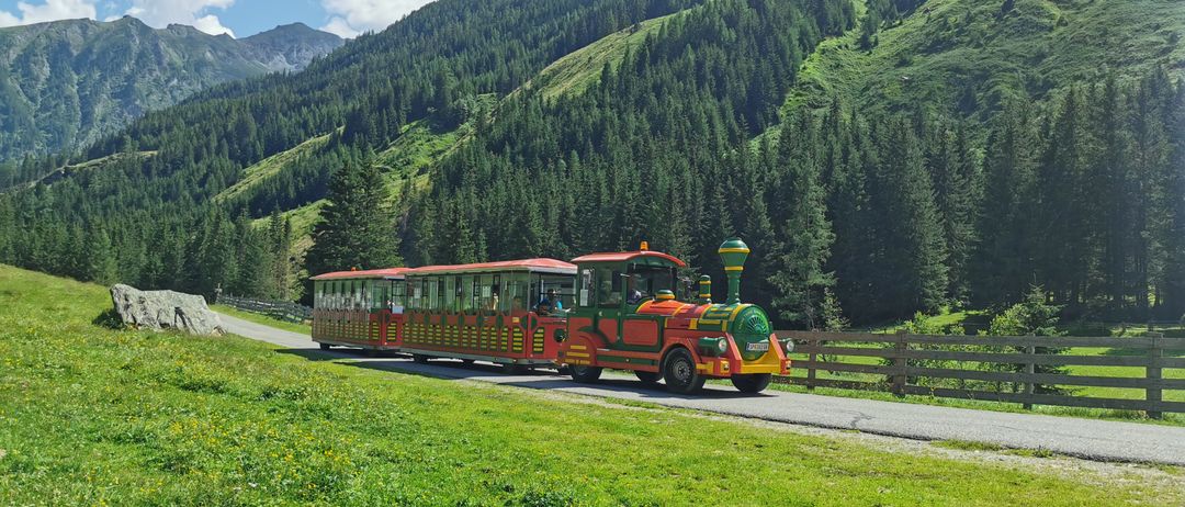 Ein leuchtend roter und grüner Zug fährt auf einer malerischen Route mit einem Gebirgshintergrund. Der Zug ist von üppigem Grün und einem Holzzaun umgeben.