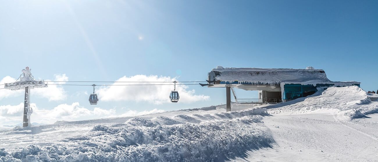 Eine mit Schnee bedeckte Skiliftstation mit zwei Gondeln, die an einem sonnigen Tag in der Luft schweben.