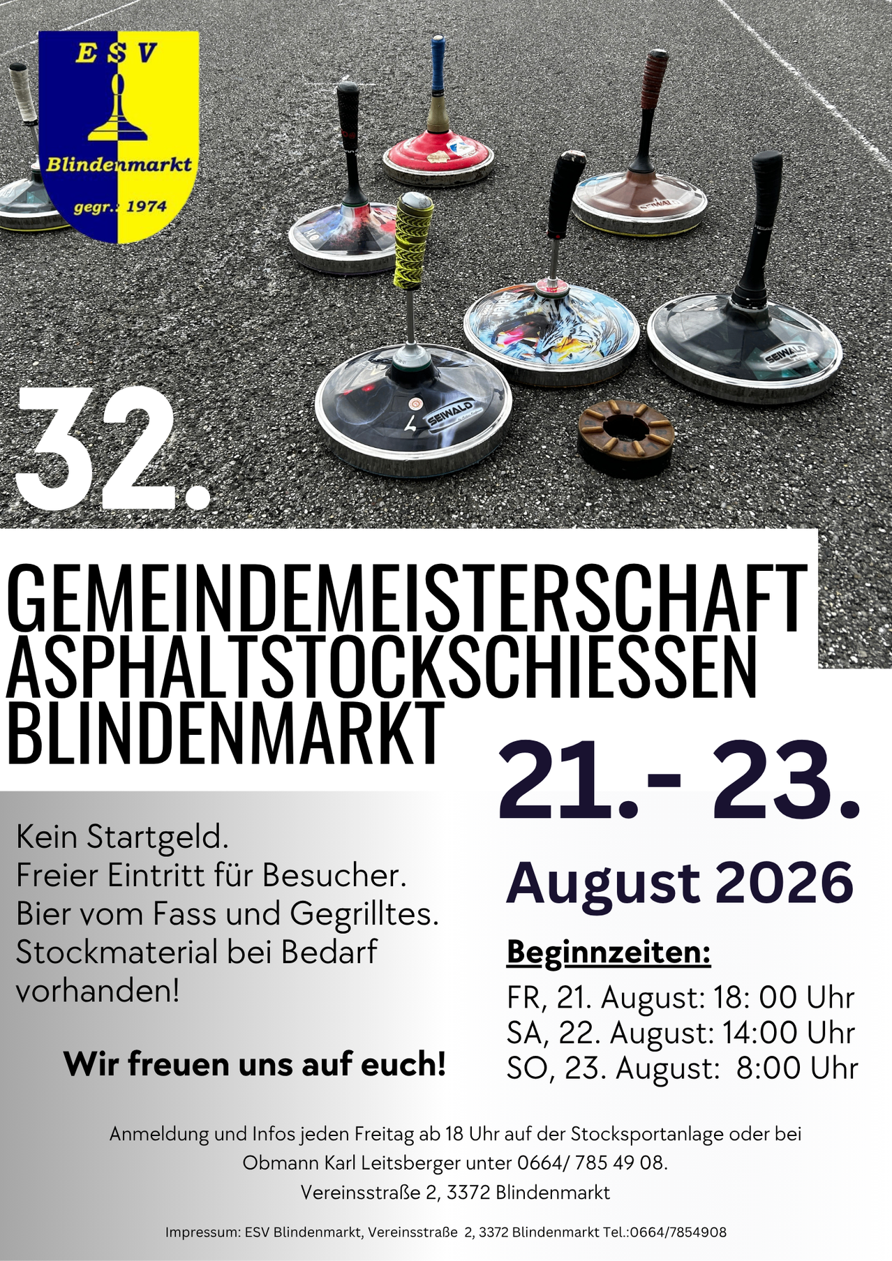 Plakat für die Gemeindemeisterschaft Asphaltstockschiessen Blindenmarkt Veranstaltung, mit Datumsbereich vom 21. bis 23. August 2026, ohne Startgebühr, kostenloses Bier und verfügbares Stockmaterial. Zeitplan beinhaltet Zeiten für Freitag, Samstag und Sonntag.