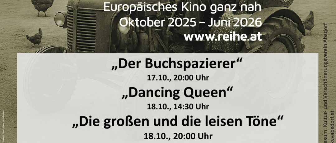 Plakat für die 5. Absorfer Kinotage im Jahr 2025, mit einer Familie vor einem historischen Gebäude, Details zu den Veranstaltungen und einem europäischen Kinoprogramm.