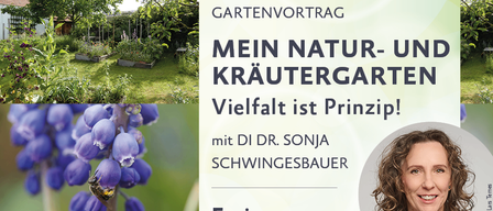 Poster for a lecture on biodiversity and gardening with nature by Dr. Sonja Schwingesbauer on April 24, 2026, at 19:00 in Absdorf. The event is free and hosted by the Cultural and Preservation Society Absdor.