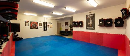 Ein leerer Kampfsport-Trainingsraum mit blauen Matten, roten Wänden und verschiedenen Postern und Ausrüstungsgegenständen an den Wänden.