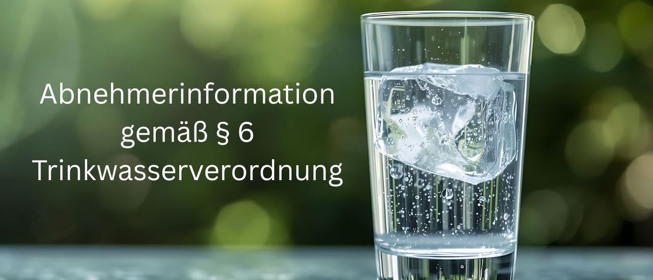 Ein Glas Wasser mit Eiswürfeln steht auf einem Tisch. Der Hintergrund ist unscharf. Der Text lautet 'Abnehmerinformation gemäß § 6 Trinkwasserverordnung'.