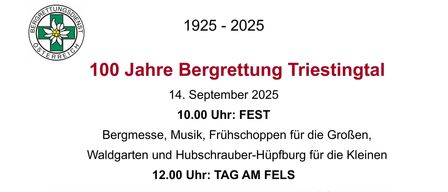 Ein Plakat für eine Veranstaltung am 14. September 2025. Um 10:00 Uhr gibt es ein Festival mit Bergmusik, Frühstück für Erwachsene und eine Rutsche für Kinder. Um 12:00 Uhr gibt es einen Tag am Felsen. Ein Berg ist im Hintergrund zu sehen.