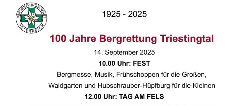Ein Plakat für eine Veranstaltung am 14. September 2025. Um 10:00 Uhr gibt es ein Festival mit Bergmusik, Frühstück für Erwachsene und eine Rutsche für Kinder. Um 12:00 Uhr gibt es einen Tag am Felsen. Ein Berg ist im Hintergrund zu sehen.
