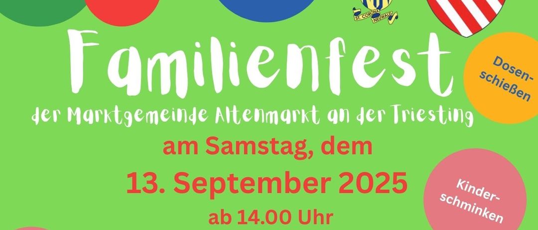 Ein Familienfest findet am Samstag, dem 13. September 2025, ab 14.00 Uhr am Gelände der ehemaligen Volksschule in St. Corona/Schöpfl Nr. 46 (Vereinsheim KSV) statt. Für Verpflegung wird gesorgt!