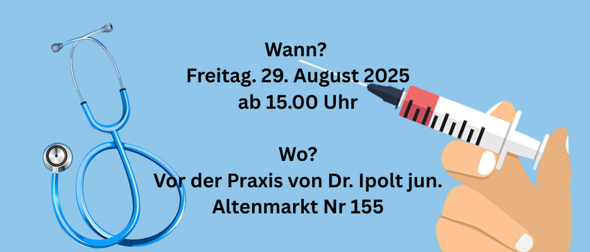 Einladung zur Feier des 25-jährigen Jubiläums der Ordination von Dr. Ipolt. Erwarten Sie einen geselligen Nachmittag mit Gesprächen, erfrischenden Getränken und leckeren Fingerfoods. Freitag, 29. August 2025, ab 15 Uhr, vor der Praxis von Dr. Ipolt jun., Altenmarkt Nr. 155.