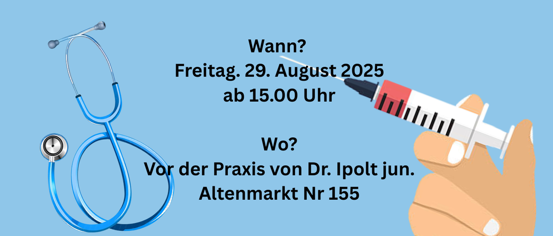 Einladung zur Feier des 25-jährigen Jubiläums der Ordination von Dr. Ipolt. Erwarten Sie einen geselligen Nachmittag mit Gesprächen, erfrischenden Getränken und leckeren Fingerfoods. Freitag, 29. August 2025, ab 15 Uhr, vor der Praxis von Dr. Ipolt jun., Altenmarkt Nr. 155.