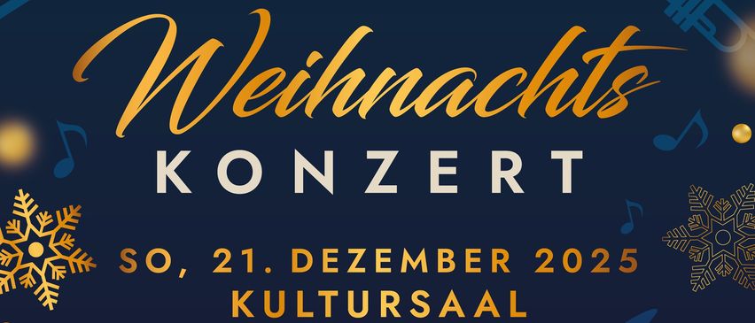 Ein blaues Plakat bewirbt ein Weihnachtskonzert. Die Veranstaltung wird von der Lilienfeld-Hainfeld Musikschule am 21. Dezember 2025 im Kultursaal Hainfeld veranstaltet. Das Konzert beginnt um 16 Uhr. Der Eintritt ist frei.