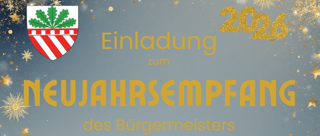 Plakat für den Neujahrsempfang des Bürgermeisters am 4. Jänner 2026 in Klein-Mariazell im Wienerwald. Das Programm beinhaltet eine hl. Messe um 9:00 Uhr in der Basilika Klein-Mariazell, gefolgt vom Neujahrsempfang im Markgraf-Leopold-Saal. Reden von Bürgermeister Josef Balber und Johanna Mikl-Leitner. Musikalische Gestaltung durch Ensemble Vielli.