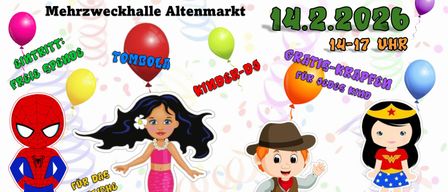 Plakat für Kinderfasching am Altmarkt, 14. Februar 2020, mit Charakteren, Luftballons und einer Tombola. Kostenlose Geschenktüten für jedes Kind.