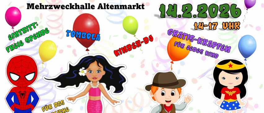 Plakat für Kinderfasching am Altmarkt, 14. Februar 2020, mit Charakteren, Luftballons und einer Tombola. Kostenlose Geschenktüten für jedes Kind.